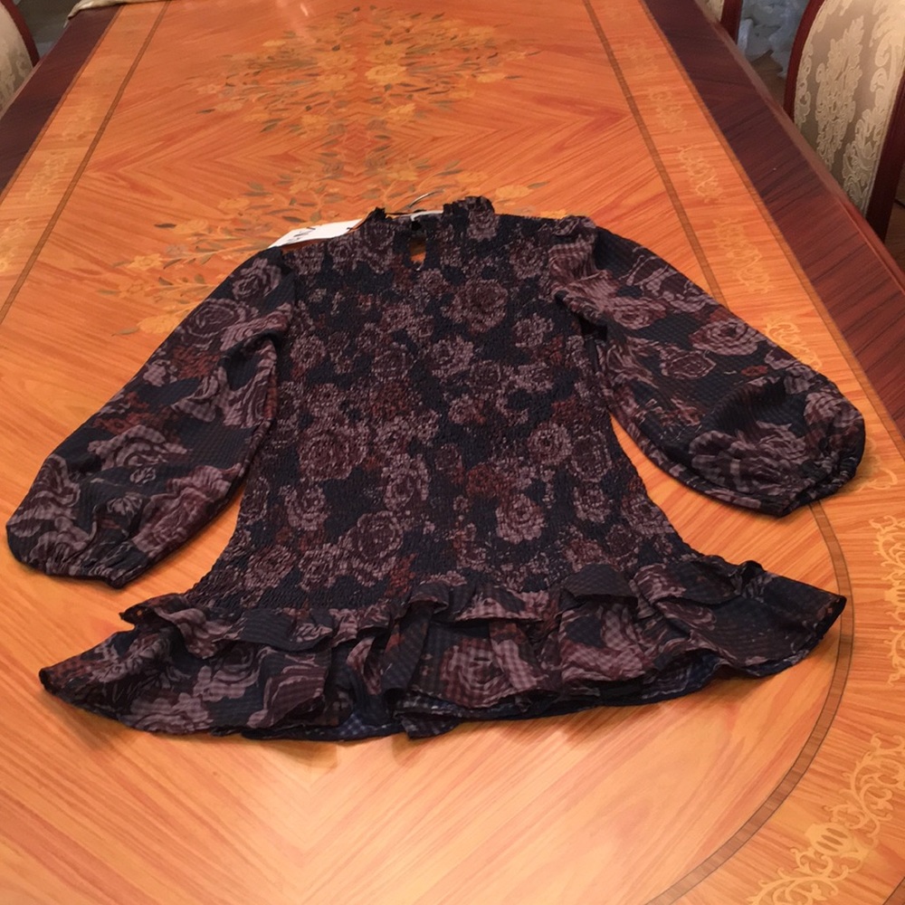 Zara puff sleeves Smocked Floral Print Ruffled Hem Mini Dress sz.XS - Picture 14 of 16
